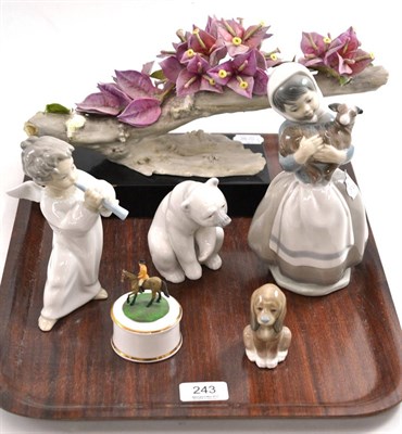 Lot 243 - Three Lladro pieces, a Nao figure, Royal Worcester floral ornament ";Bougainvillea"; and a...