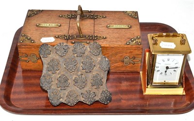 Lot 246 - A carriage timepiece, a wood cut fabric printing block and a cigarette/cigar box