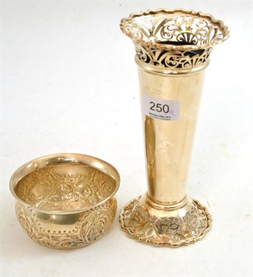 Lot 250 - Late Victorian silver vase with pierced neck and foot and an embossed sugar basin, 10oz