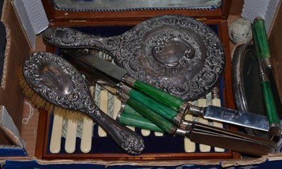 Lot 290 - Box of silver and plated cutlery, picture frame, 1930's ivory handled knives etc