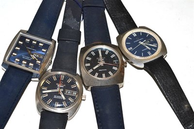 Lot 295 - Four stainless steel Eterna wristwatches, with blue dials