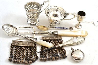 Lot 299 - Silver mustard, silver cup, sterling enamel spoon, silver preserve spoon etc