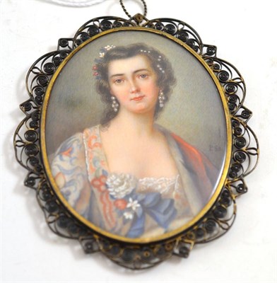 Lot 302 - French School (19th century), portrait miniature of a lady, with pearls in her hair, wearing a...