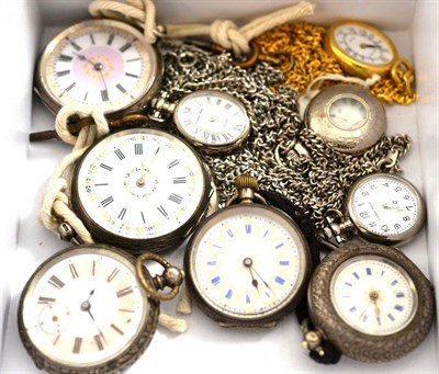 Lot 327 - Five lady's fob watches, and four modern lady's fob watches with attached white/yellow metal chains