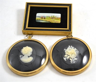 Lot 332 - Two framed cameos and a framed early 20th century miniature picture on ivory