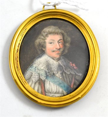 Lot 336 - French School, portrait miniature of Henri II de Montmorency, wearing a lace and blue sash...