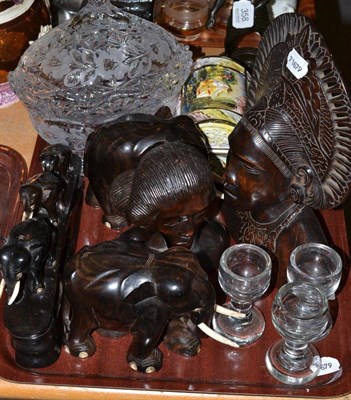 Lot 356 - Tray of African carvings (pre 1947), ice cream glasses and sundry