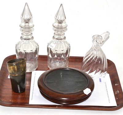 Lot 363 - Assorted wine related items, comprising glass boot stirrup cup, pair of decanters and stoppers,...