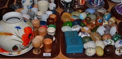 Lot 370 - Two trays including two Halcyon days eggs, original boxed, collection of stone, wood, ceramic...