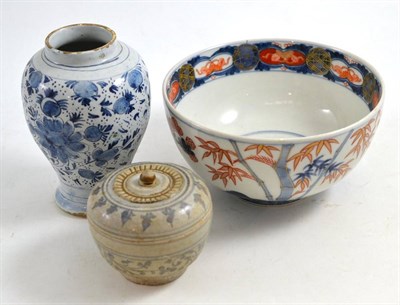 Lot 377 - An 18th century Japanese Imari porcelain bowl, 18th century Dutch Delft vase and a Chinese...