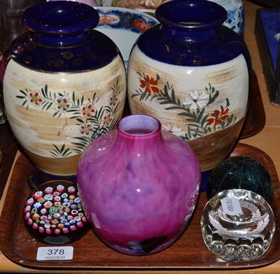 Lot 378 - Two Japanese earthenware vases, three glass paperweights and a glass vase