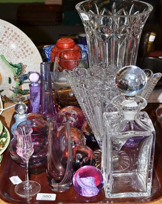 Lot 380 - Tray including paperweights, cut glass, engraved Waterford Crystal glasses etc