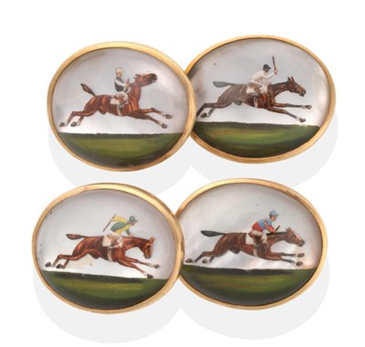 Lot 415 - A Pair of Reverse Intaglio Essex Crystal Double Oval Cufflinks, each painted in detail...