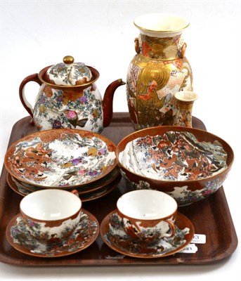 Lot 393 - A Kutani style Japanese tea service and two Japanese Satsuma vases