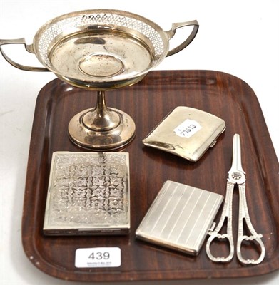 Lot 439 - A silver tazza, silver Mappin & Webb grape scissors, silver cigarette case and two other...