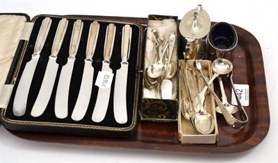 Lot 442 - A quantity of silver teaspoons, two silver salts with blue glass liners and a cased set of...