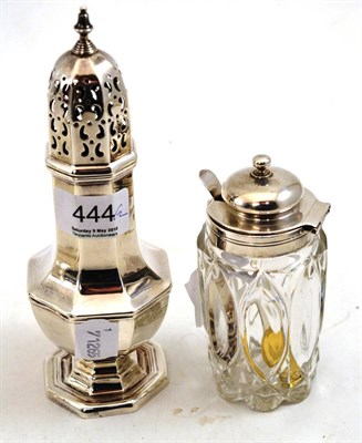 Lot 444 - A silver caster 1939, Harrods and a Georgian silver mounted mustard and spoon