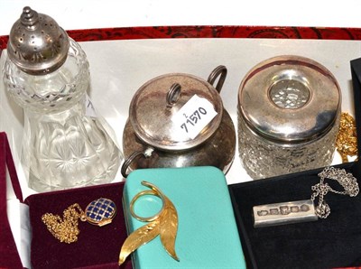 Lot 449 - Raymond Weil wristwatch, Sterling twin-handled pot, silver topped glass caster, silver topped glass