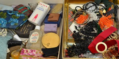 Lot 452 - Assorted costume jewellery, silver and enamel pendant, scent bottles, manicure sets and other items