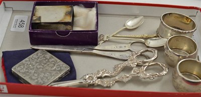 Lot 458 - Victorian silver grape shears, reproduction grape scissors, three napkin rings, three coffee...