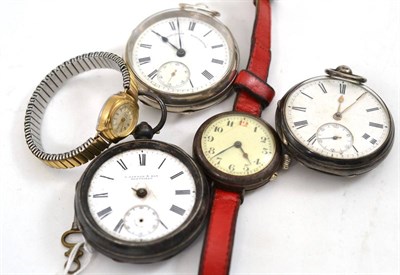 Lot 460 - Three silver pocket watches, a lady's wristwatch and a gent's wristwatch