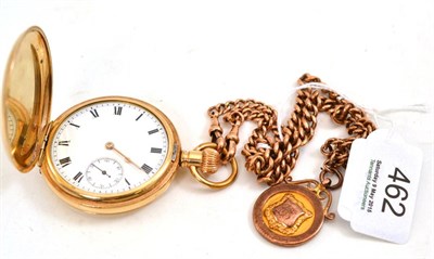 Lot 462 - A full hunter gold plated pocket watch and a 9ct gold Albert chain and attached 9ct gold medal