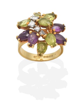 Lot 427 - An 18 Carat Gold Peridot, Amethyst and Diamond Cluster Ring, irregularly set pear cut peridot...