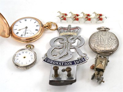 Lot 469 - An aneroid barometer, three pocket watches, a Coronation coach, car badge and croquet set