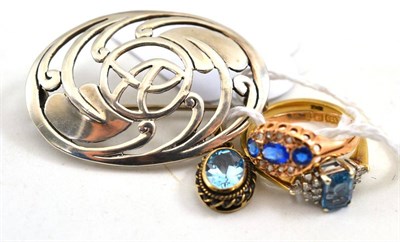 Lot 472 - A 9ct gold blue topaz ring, a 9ct gold blue and white stone set ring, a pendant and a brooch...