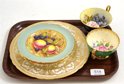 Lot 514 - An Aynsley china cabinet plate, cup and saucer hand painted by J A Bailey, signed; two fruit...