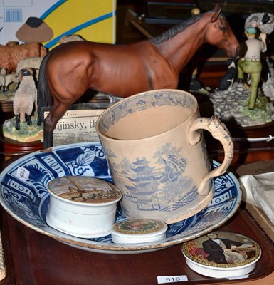 Lot 516 - A Beswick model of Nijinsky, a large blue and white transfer decorated mug and a Delft plate...