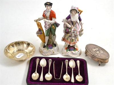 Lot 520 - A set of six silver teaspoons, a dish, a trinket box and and two porcelain figures