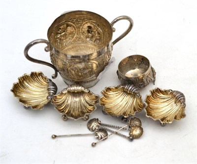 Lot 567 - Four Victorian silver shell salts and spoons, a Persian two handled cup and similar salt