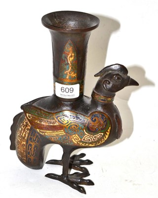 Lot 609 - A 19th century Chinese bronze censer modelled as a peacock with champleve enamel panels in the...