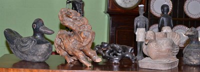 Lot 611 - Three Indian decoy ducks, a Japanese rootwood stand, carvings, etc