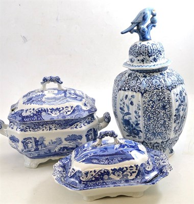 Lot 632 - Delft type blue and white urn and two Spode soup tureens