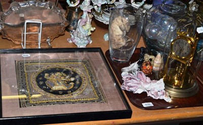 Lot 639 - A Middle Eastern wool and beadwork cushion cover, two soap stone groups, Alum Bay sand in glass...