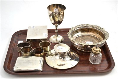 Lot 641 - A collection of silver and plate including a cigarette box, cigarette case, napkin rings etc