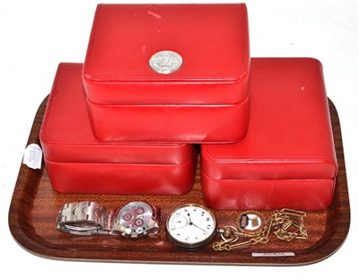 Lot 643 - Three Omega wristwatch boxes, Swatch wristwatch, gun metal pocket watch retailed by John Dyson...