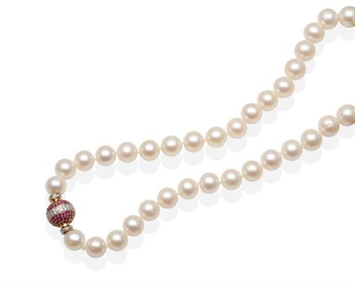 Lot 455 - A South Sea Cultured Pearl Necklace, with an 18 Carat Gold Ruby and Diamond Set Clasp, a single...