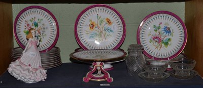 Lot 670 - Floral decorated dinner plates, Royal Worcester figure ";May Ball"; and glassware