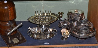 Lot 672 - Silver plated biscuit barrel, quantity of plated ware and a hat stretcher