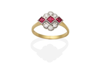 Lot 458 - An Art Deco Style Ruby and Diamond Ring, three square cut rubies within a frame of round...