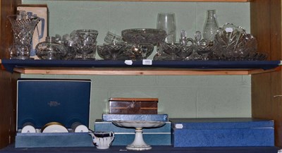 Lot 689 - Cut glass, boxed Royal Worcester coffee sets, Oyster veneer card box, oil lamps etc