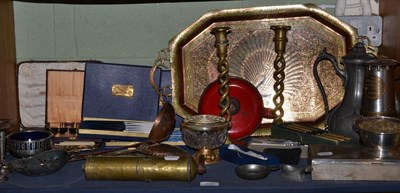 Lot 705 - A shelve of metal wares including Victorian coffee grinder, mining lamp etc