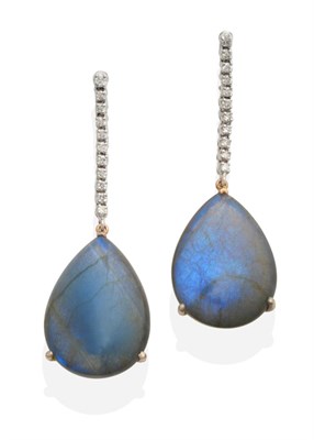 Lot 462 - A Pair of 18 Carat White Gold Labradorite and Diamond Pendant Earrings, a line of articulated round