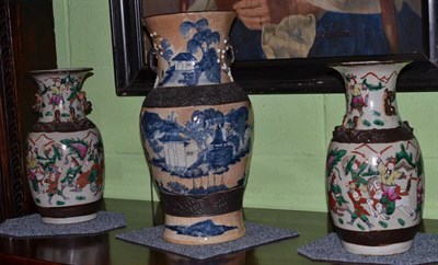 Lot 727 - Pair of Chinese crackle glaze vases and a Chinese blue and white vase