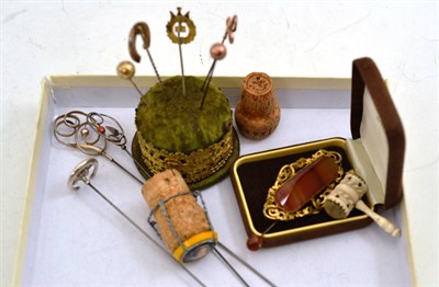 Lot 734 - A miniature pin cushion gavel, stick pins and pin cushion, three hat pins, an agate brooch etc