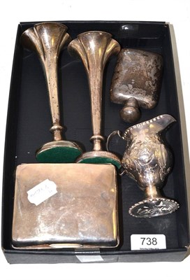 Lot 738 - Silverware comprising: small hip flask, cigarette box and a pair of flower tubes and George III...