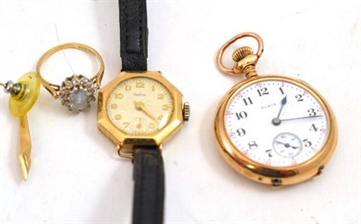 Lot 751 - A lady's 9ct gold wristwatch, plated fob watch, 9ct gold ring and a single earring